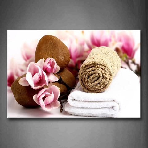 Pink Flowers Towel In White And Brown Stones Wall Art Painting Pictures Print On Canvas Flower The Picture For Home Modern Decoration 