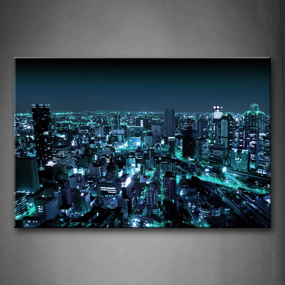 Blue Intensive City With Light Green Lights  Wall Art Painting Pictures Print On Canvas City The Picture For Home Modern Decoration 