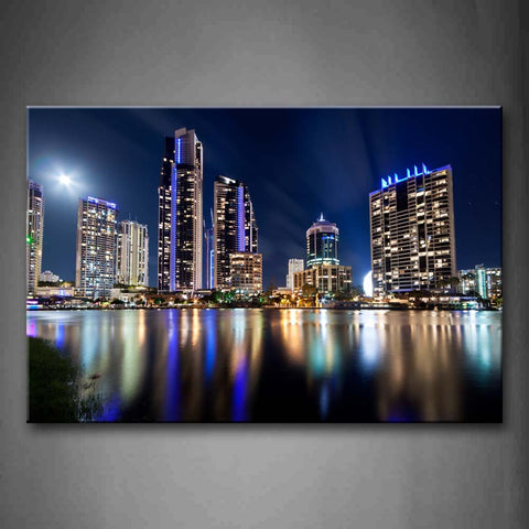 Tall Building With Colorful Lights At Night  Wall Art Painting Pictures Print On Canvas City The Picture For Home Modern Decoration 