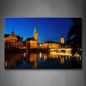 Pretty Town With Various Buildings Near Clear Lake Wall Art Painting The Picture Print On Canvas City Pictures For Home Decor Decoration Gift 