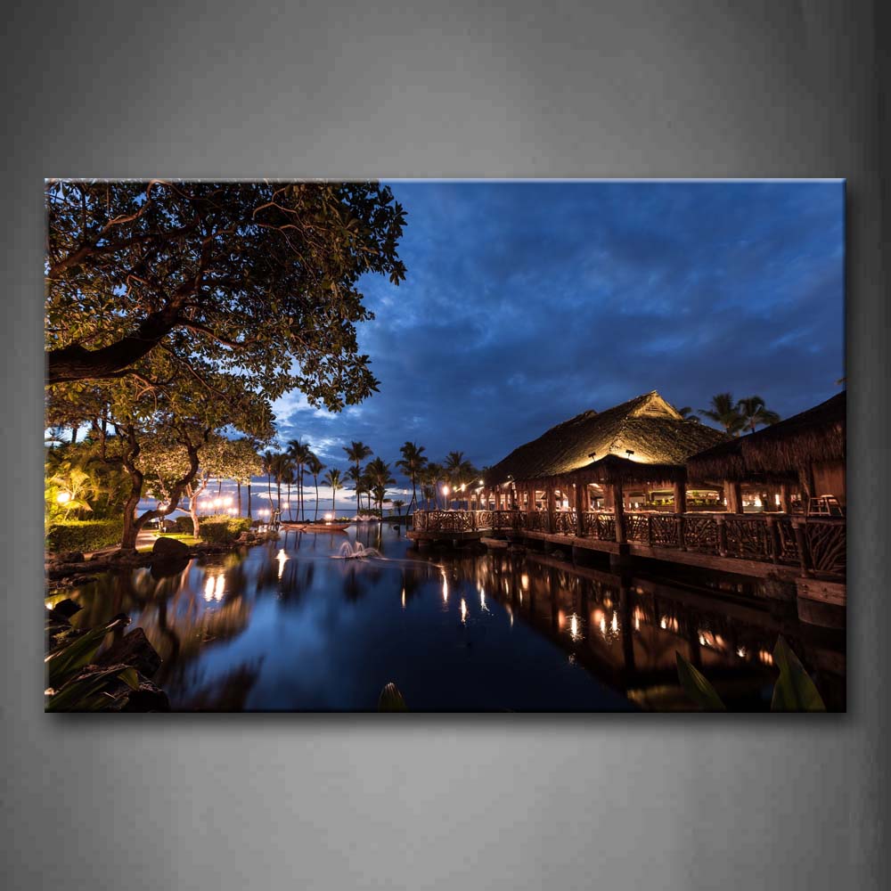 Trees Pavillion Clear Water At Night Wall Art Painting Pictures Print On Canvas City The Picture For Home Modern Decoration 