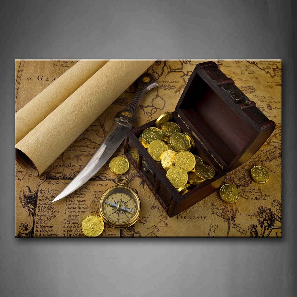 Brown Sharp Knife Campass Gold Coins In Wooden Box Wall Art Painting Pictures Print On Canvas Art The Picture For Home Modern Decoration 