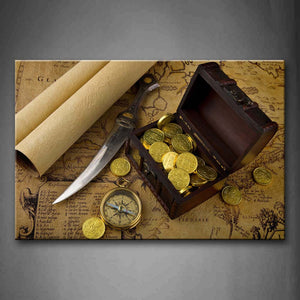 Brown Sharp Knife Campass Gold Coins In Wooden Box Wall Art Painting Pictures Print On Canvas Art The Picture For Home Modern Decoration 