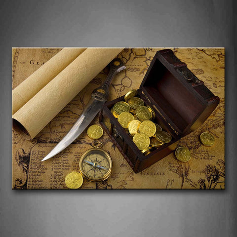 Brown Sharp Knife Campass Gold Coins In Wooden Box Wall Art Painting Pictures Print On Canvas Art The Picture For Home Modern Decoration 