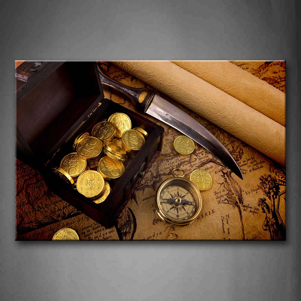 Brown Map Campass Sharp Knife And Gold Coins Wall Art Painting Pictures Print On Canvas Art The Picture For Home Modern Decoration 