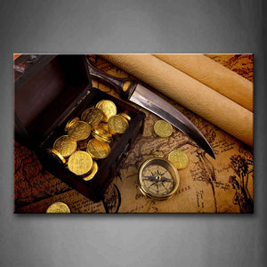 Brown Map Campass Sharp Knife And Gold Coins Wall Art Painting Pictures Print On Canvas Art The Picture For Home Modern Decoration 