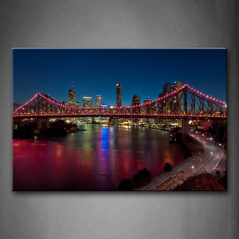 Tall Buildings Bridge With Red Lights At Night  Wall Art Painting Pictures Print On Canvas City The Picture For Home Modern Decoration 