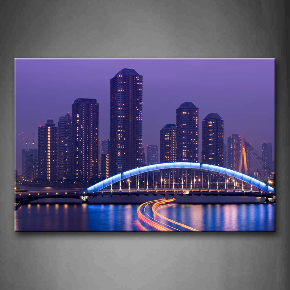 Purple Tall Buildings In Black And Bridge In Light Blue Wall Art Painting Pictures Print On Canvas City The Picture For Home Modern Decoration 