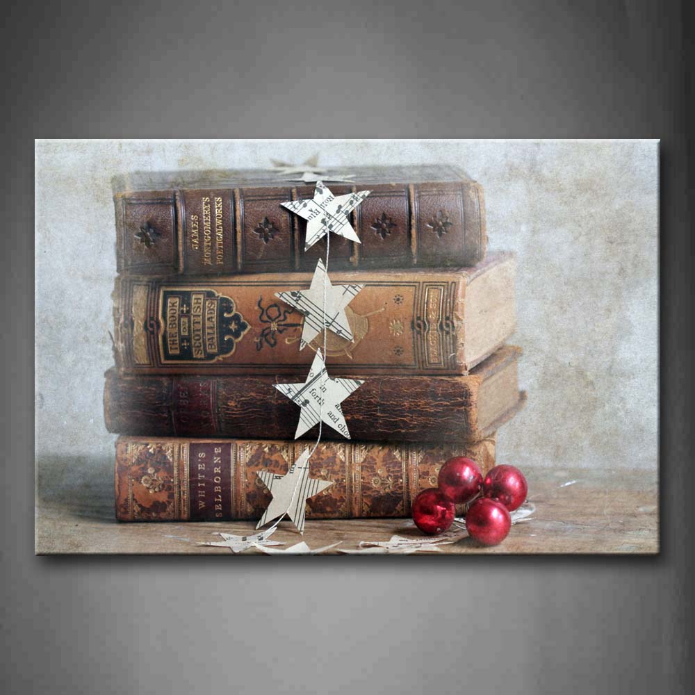 Paper Stars Thick Books Piled Up On Wooden Wall Art Painting Pictures Print On Canvas Art The Picture For Home Modern Decoration 