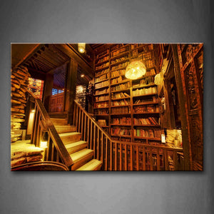 Brown Room With Wooden Stairs And Dense Books  Wall Art Painting Pictures Print On Canvas City The Picture For Home Modern Decoration 