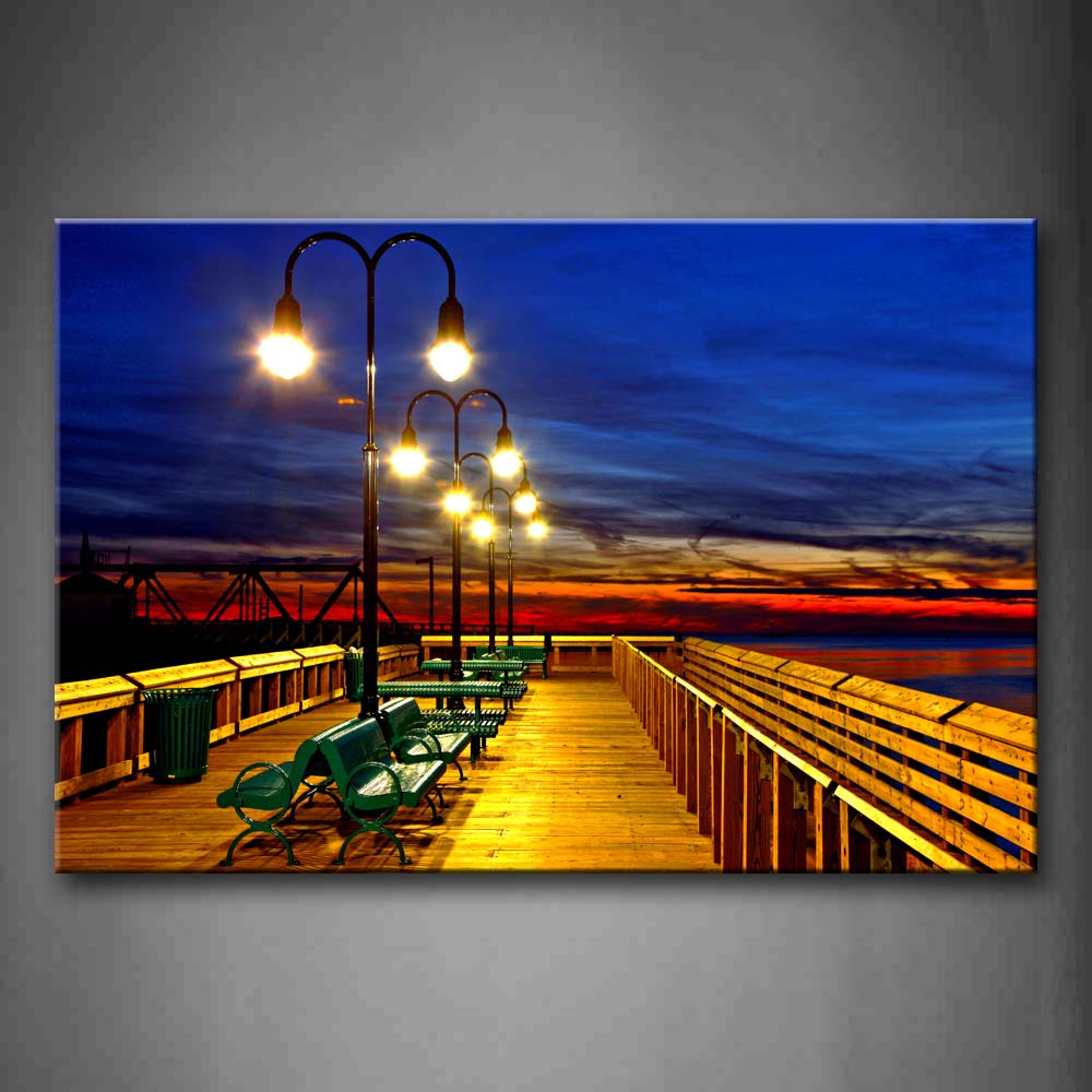 Green Benches Wooden Pier And Bright Lamp Posts Wall Art Painting Pictures Print On Canvas City The Picture For Home Modern Decoration 