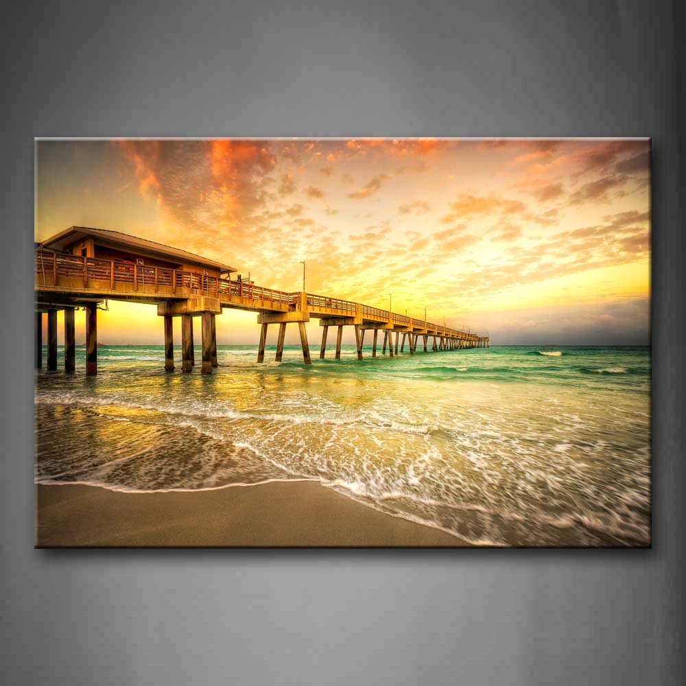 Beautiful Sunset Glow Wooden Pier Above Beach Wall Art Painting Pictures Print On Canvas City The Picture For Home Modern Decoration 