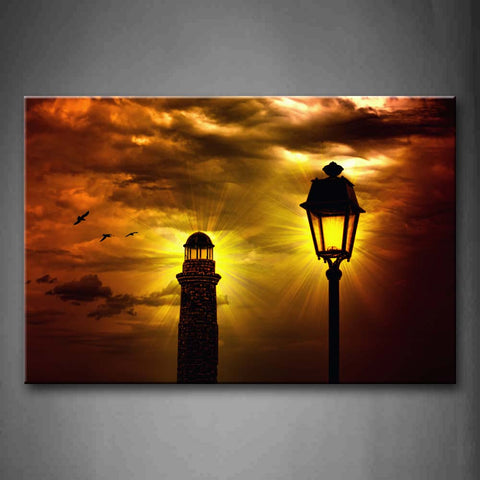 Lighthouse Lamp And Golden Sky Wall Art Painting Pictures Print On Canvas City The Picture For Home Modern Decoration 