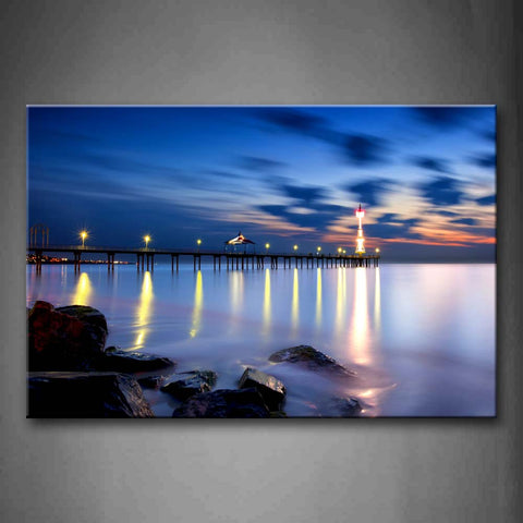 Blue Pier With Little Lights Above Calm Lake Wall Art Painting Pictures Print On Canvas City The Picture For Home Modern Decoration 