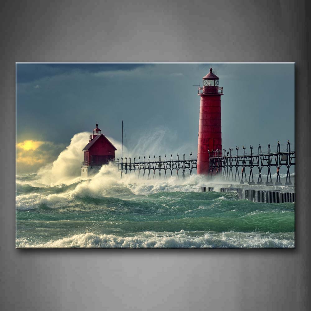 Lighthouse In Bright Red Near Sea With Huge Waves Wall Art Painting Pictures Print On Canvas City The Picture For Home Modern Decoration 