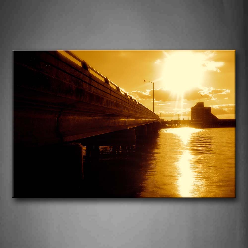 Bright Sun Golden Water And Huge Bridge  Wall Art Painting Pictures Print On Canvas City The Picture For Home Modern Decoration 