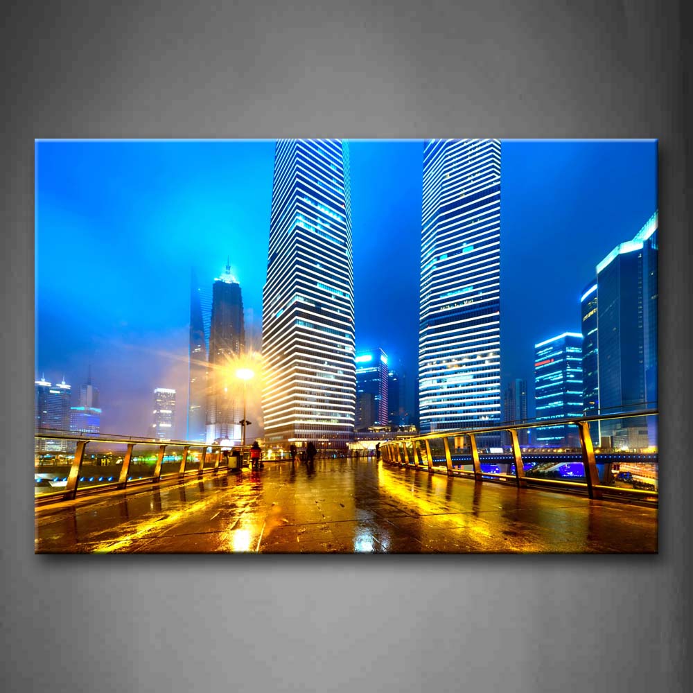 Blue Bright Lamp Post Tall Buildings In Shanghai Wall Art Painting Pictures Print On Canvas City The Picture For Home Modern Decoration 