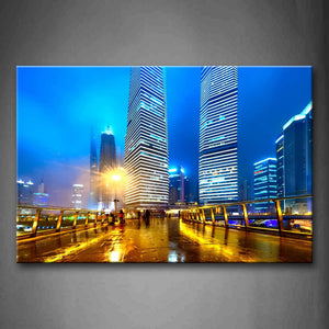 Blue Bright Lamp Post Tall Buildings In Shanghai Wall Art Painting Pictures Print On Canvas City The Picture For Home Modern Decoration 