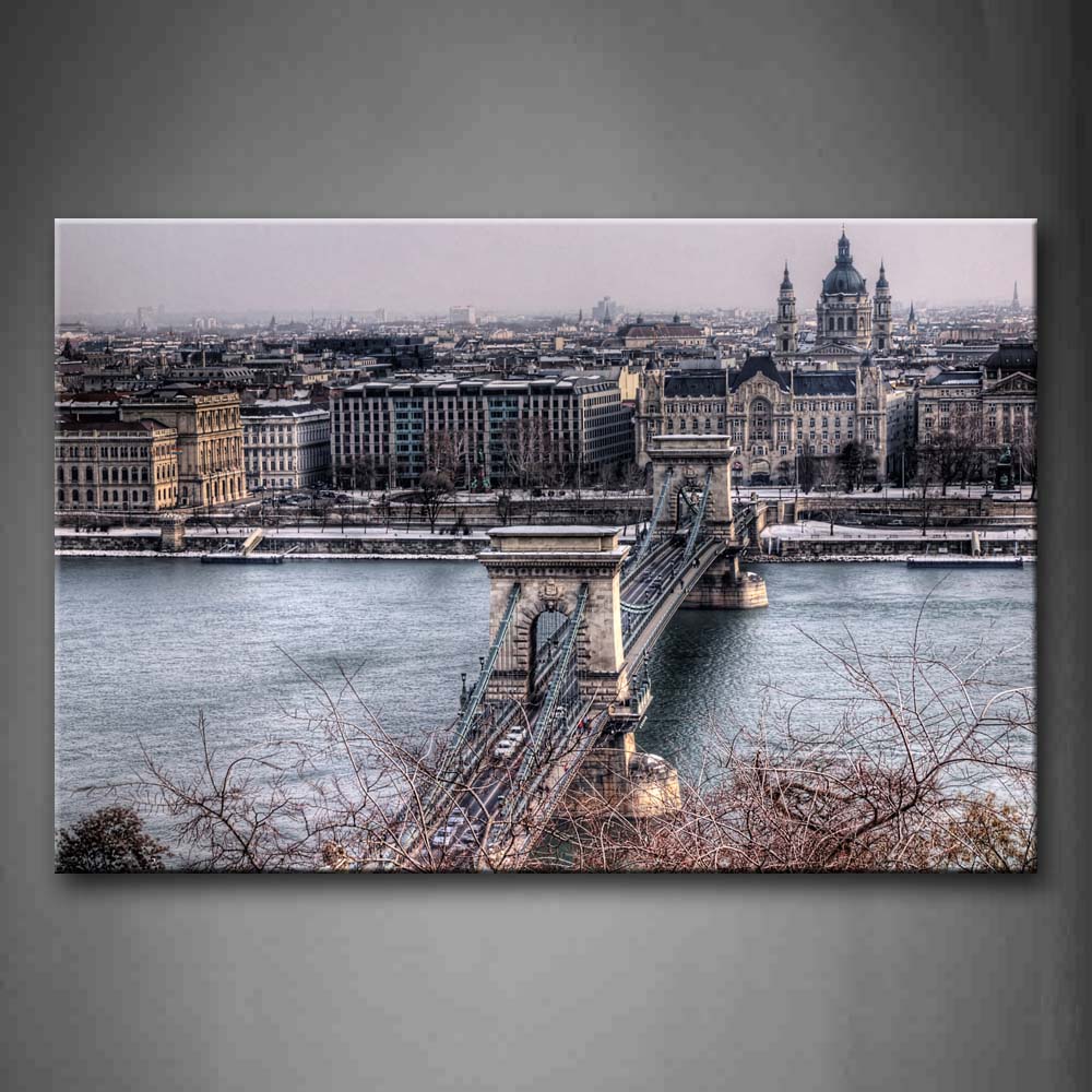 Dense Buildings Calm Water Chain Bridge  Wall Art Painting Pictures Print On Canvas City The Picture For Home Modern Decoration 