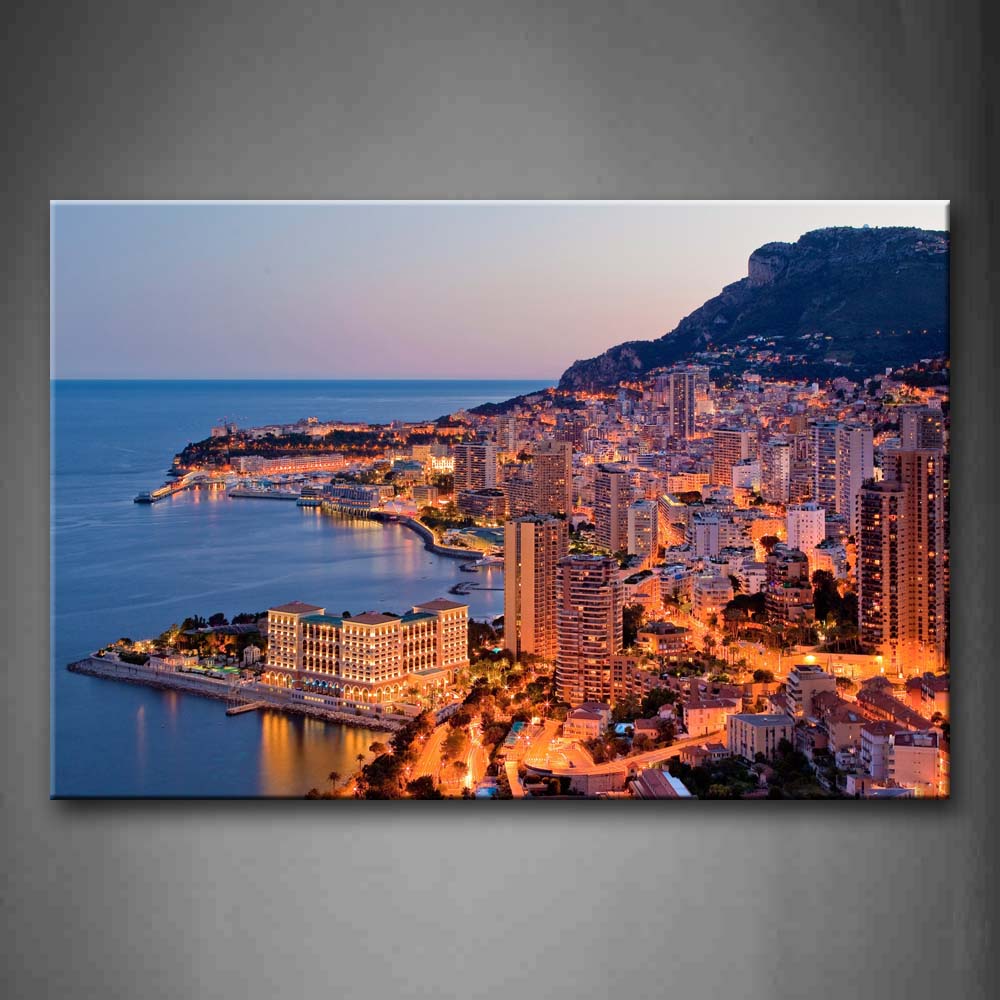 Buildings With Bright Lights Near Sea At Dusk Wall Art Painting Pictures Print On Canvas City The Picture For Home Modern Decoration 