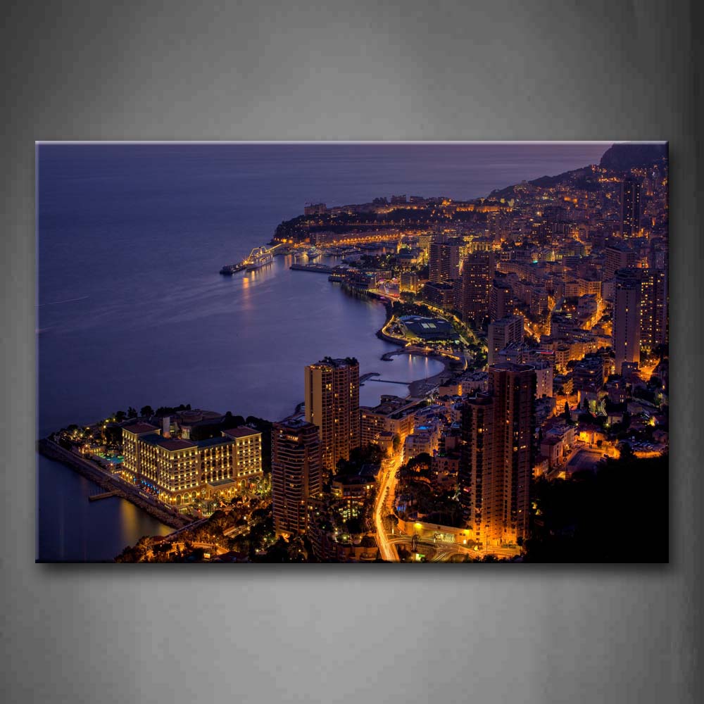 Buildings With Bright Lights In Monaco Near Sea Wall Art Painting The Picture Print On Canvas City Pictures For Home Decor Decoration Gift 