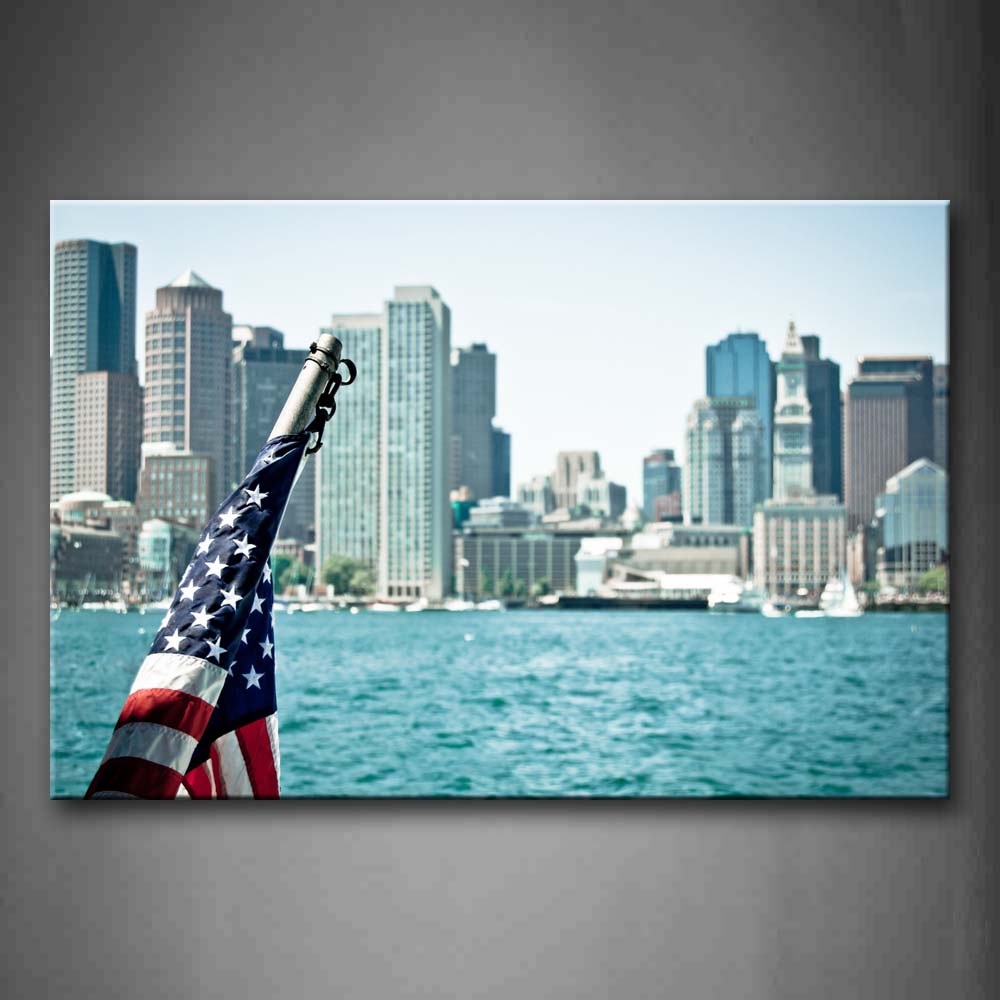 Tall Buildings Impassive Lake And Flag Of American Wall Art Painting Pictures Print On Canvas City The Picture For Home Modern Decoration 