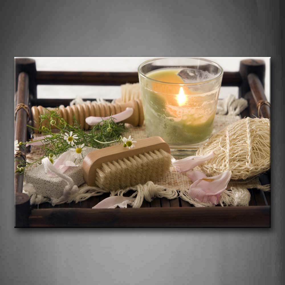 Transparent Cup With Candle Brush Flowers Of Spa Wall Art Painting The Picture Print On Canvas Art Pictures For Home Decor Decoration Gift 