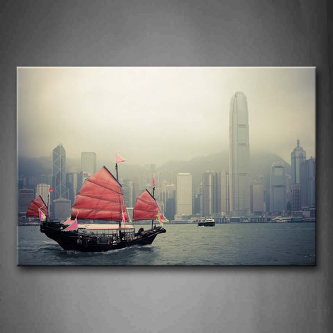 Boat With Red Canvas Over Water Near Tall Buildings  Wall Art Painting Pictures Print On Canvas City The Picture For Home Modern Decoration 