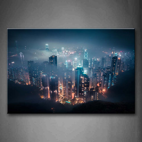 Blue Tall Buildings With Bright Lights At Night Wall Art Painting The Picture Print On Canvas City Pictures For Home Decor Decoration Gift 