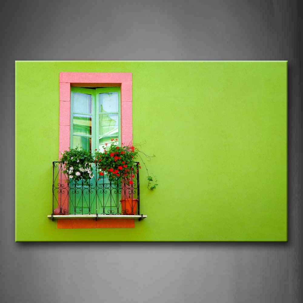 Green Wall Window With Guardrail With Flowers Wall Art Painting Pictures Print On Canvas Art The Picture For Home Modern Decoration 