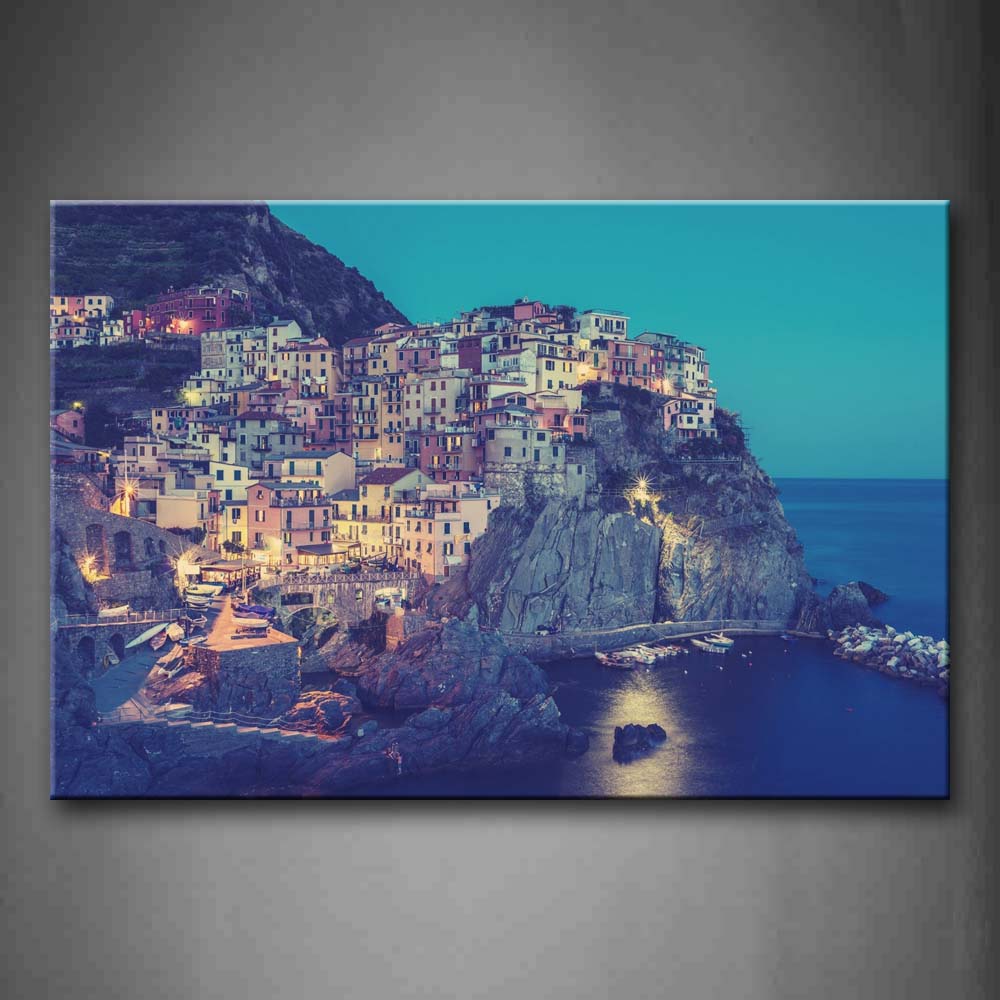 Small Town With Houses On Hills Near Sea   Wall Art Painting The Picture Print On Canvas City Pictures For Home Decor Decoration Gift 