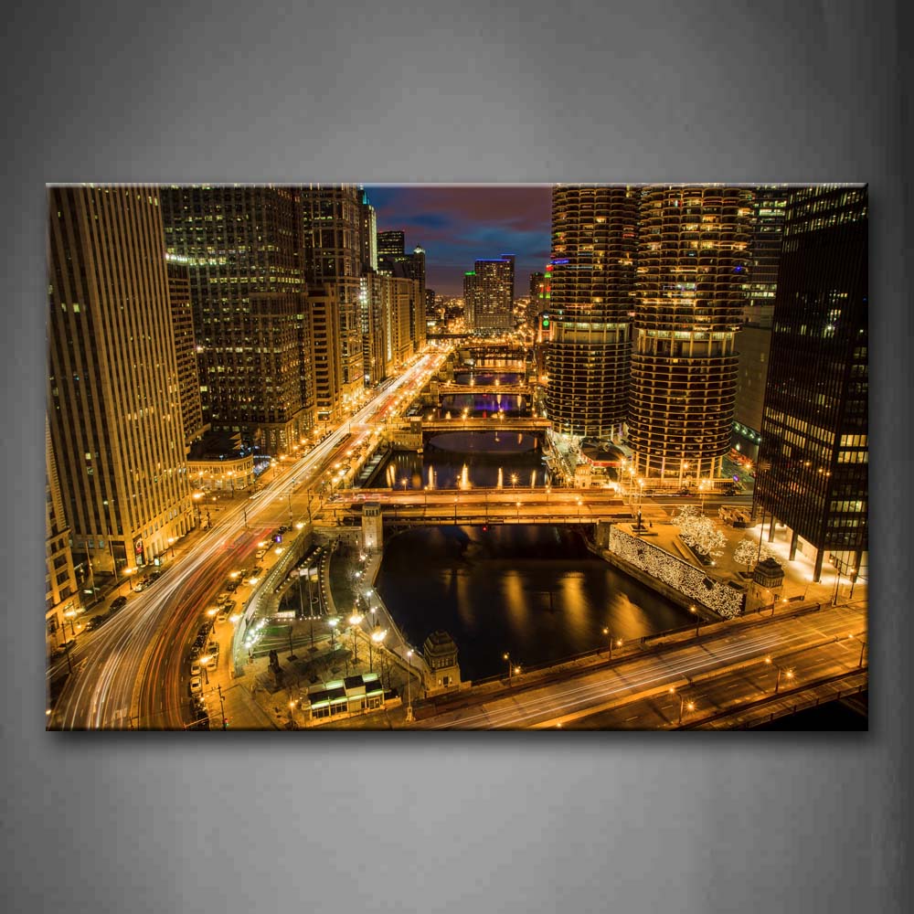 City With Golden Road Buildings And Lights Wall Art Painting Pictures Print On Canvas City The Picture For Home Modern Decoration 