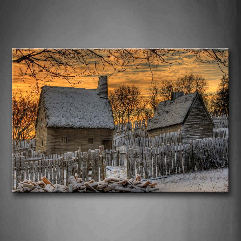 Straw Cabins Wooden Fence With Snow Piled Up Wall Art Painting Pictures Print On Canvas City The Picture For Home Modern Decoration 