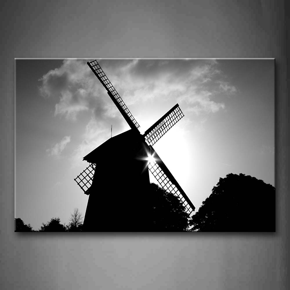 Black And White Windmill Clouded Sky With Bright Beam Windmill  Wall Art Painting Pictures Print On Canvas City The Picture For Home Modern Decoration 