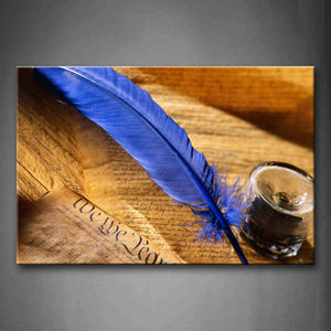 Feather In Dark Blue Ink Above Old Document Wall Art Painting Pictures Print On Canvas Art The Picture For Home Modern Decoration 