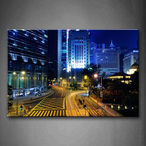 Few Lamp Posts Tall Buildings In City At Night Wall Art Painting The Picture Print On Canvas City Pictures For Home Decor Decoration Gift 