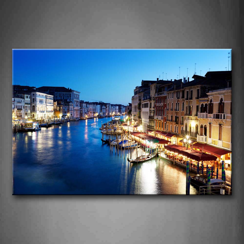 Many Boats Over Water In The Quiet Town At Night Wall Art Painting The Picture Print On Canvas City Pictures For Home Decor Decoration Gift 