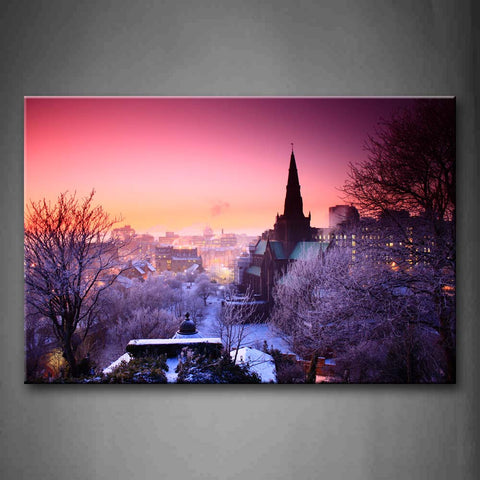 Colorful Sky Snow Piled Up On Plants In The Town Wall Art Painting The Picture Print On Canvas City Pictures For Home Decor Decoration Gift 