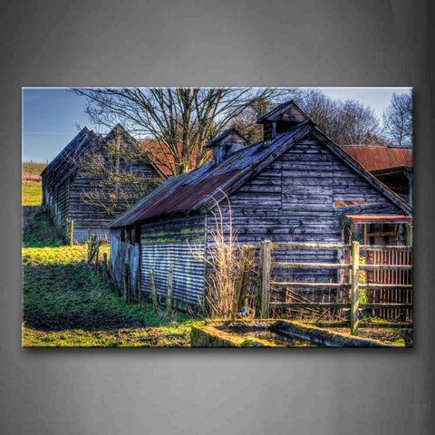 Barns Like Wooden Cabins Fence Bare Tree Fresh Lawn Wall Art Painting Pictures Print On Canvas City The Picture For Home Modern Decoration 