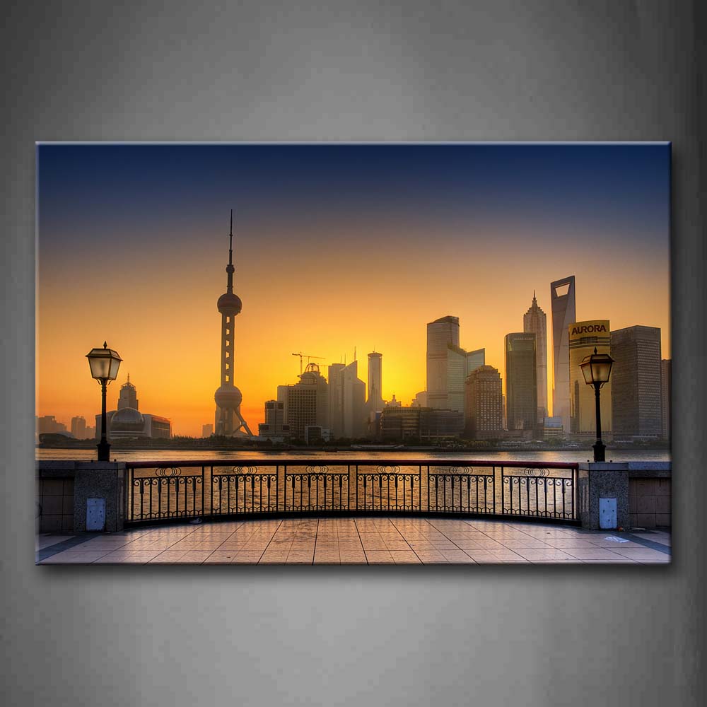 Golden Sunset Glow Calm Water Tall Buildings In Pudong Wall Art Painting The Picture Print On Canvas City Pictures For Home Decor Decoration Gift 