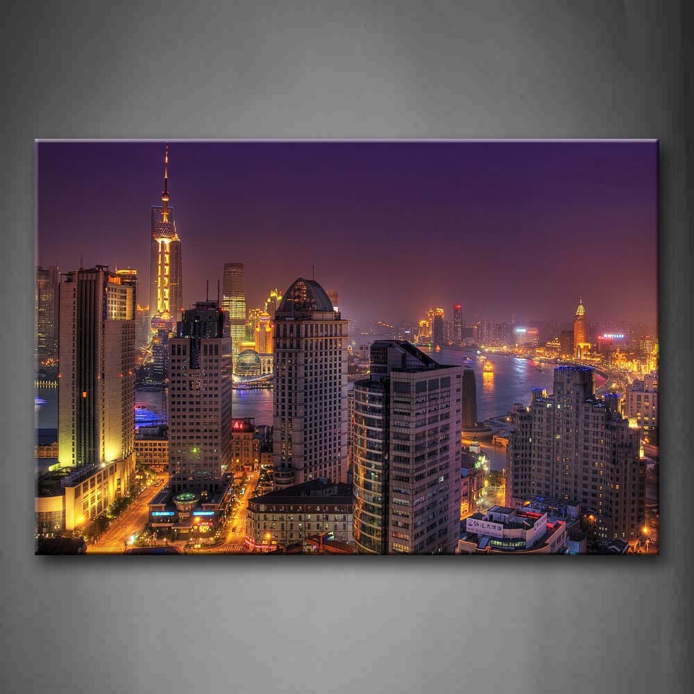 Skyscrapers With Gloden Light At Night Wall Art Painting Pictures Print On Canvas City The Picture For Home Modern Decoration 