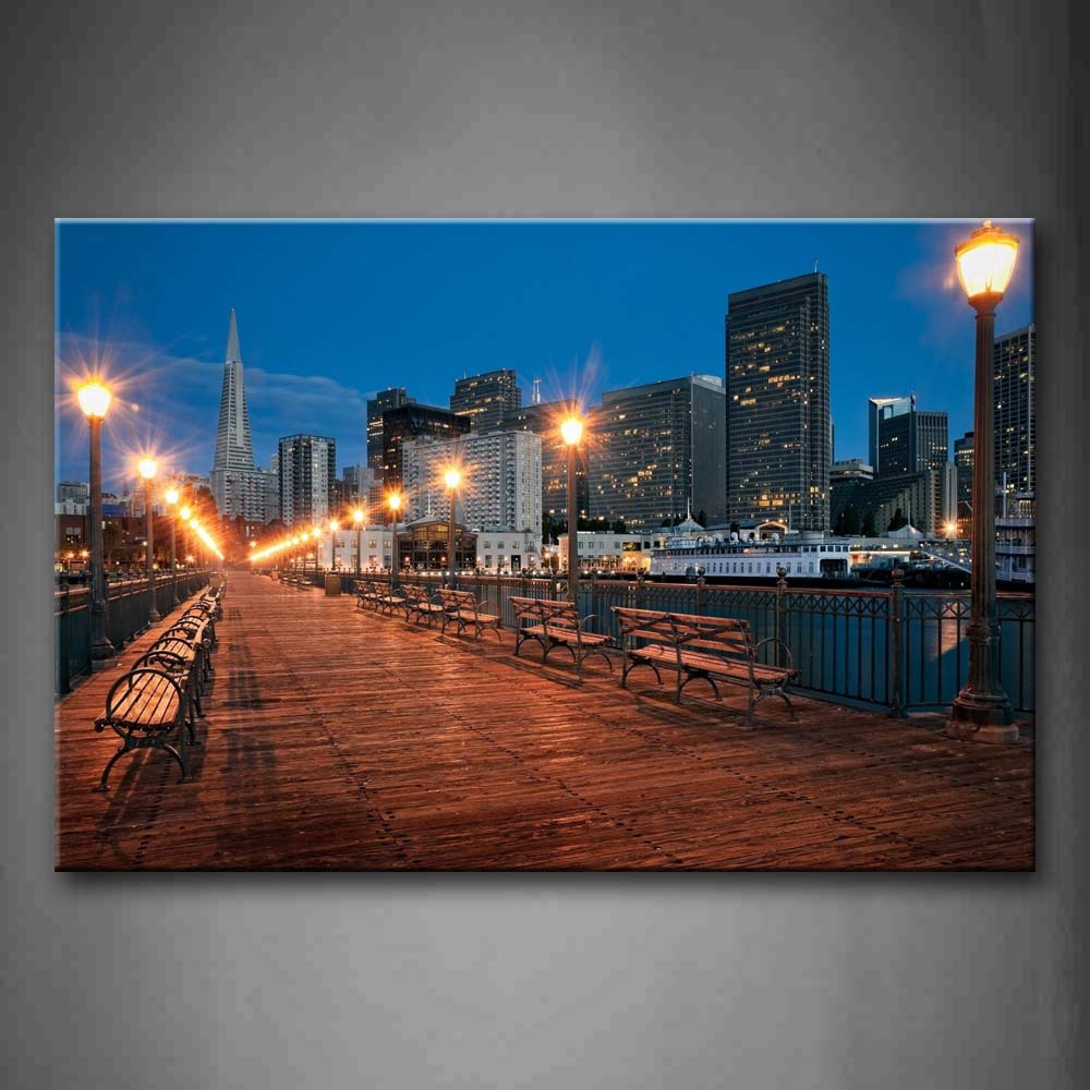 Bright Lamp Posts Benches Tall Buildings At Night Wall Art Painting Pictures Print On Canvas City The Picture For Home Modern Decoration 