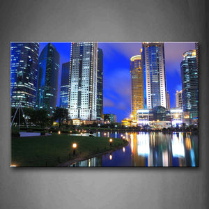 Little Lap Posts Near Calm River Tall Buildings At Night Wall Art Painting Pictures Print On Canvas City The Picture For Home Modern Decoration 