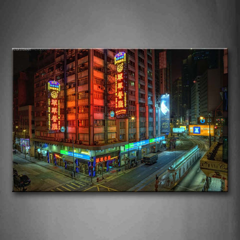 Building With Various Sign In City At Night Wall Art Painting The Picture Print On Canvas City Pictures For Home Decor Decoration Gift 