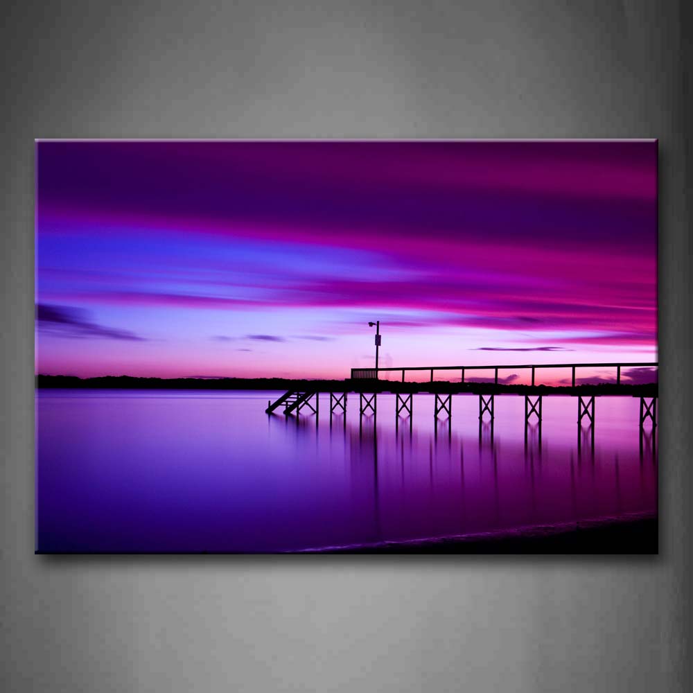 Pier In The Calm Water Purple Sunset Glow  Wall Art Painting Pictures Print On Canvas City The Picture For Home Modern Decoration 