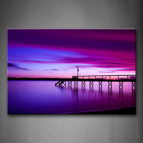 Pier In The Calm Water Purple Sunset Glow  Wall Art Painting Pictures Print On Canvas City The Picture For Home Modern Decoration 