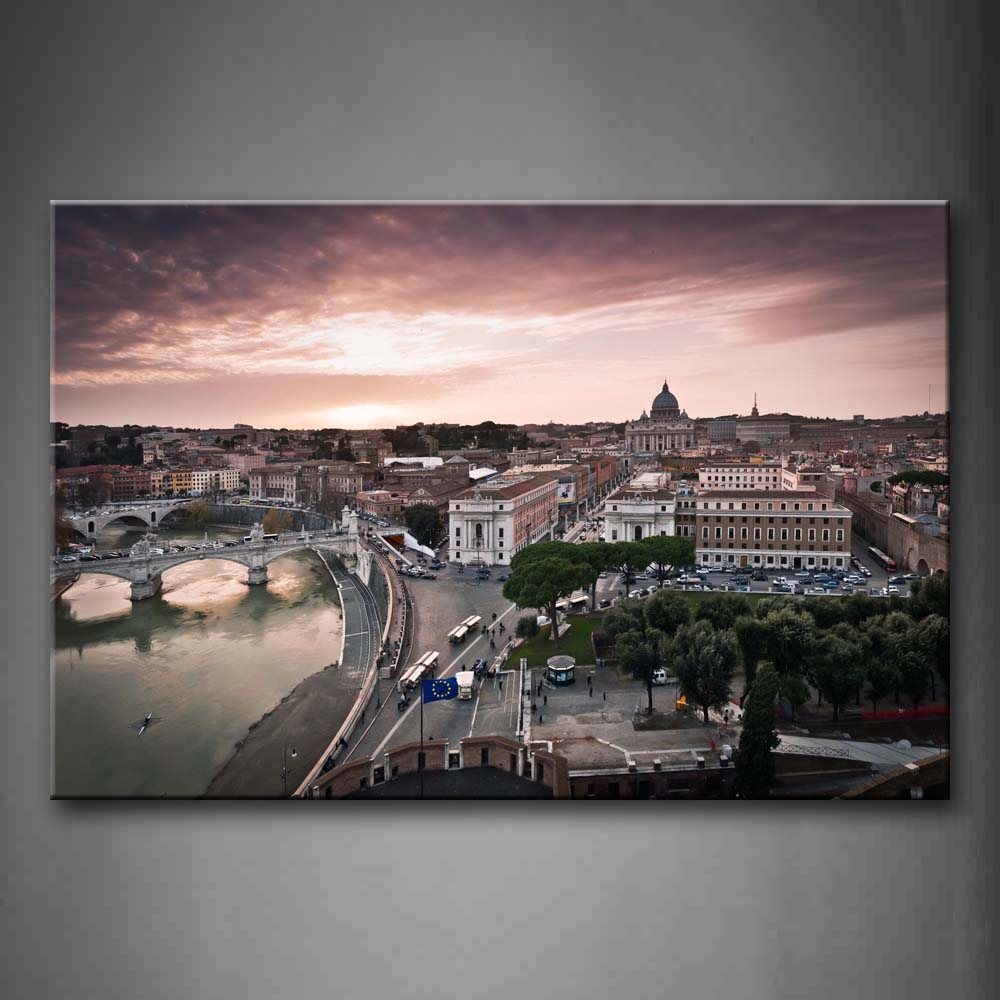 Bridge Calm Water Dense Buildings In Rome Wall Art Painting Pictures Print On Canvas City The Picture For Home Modern Decoration 