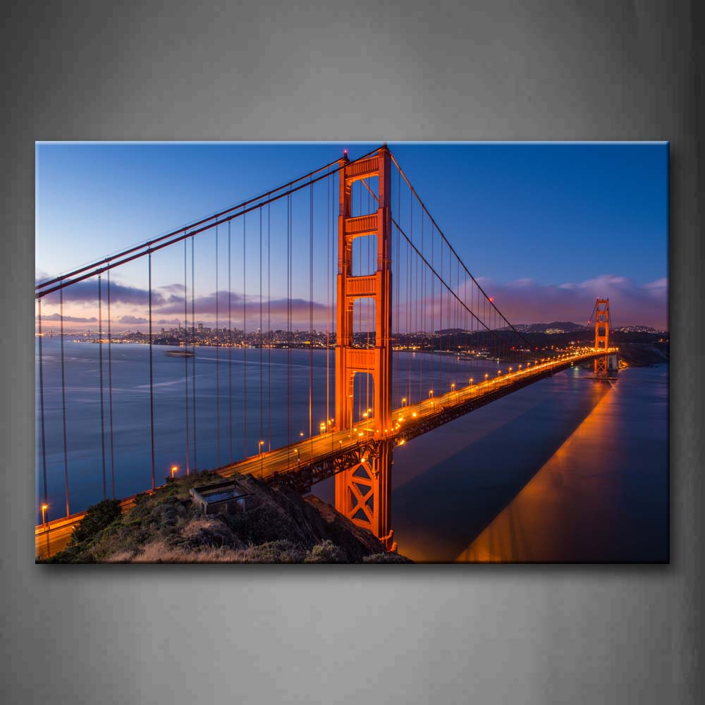 Blue Golden Gate With Weak Light Buld Above Calm Water Wall Art Painting Pictures Print On Canvas City The Picture For Home Modern Decoration 