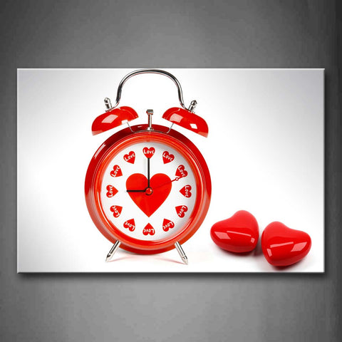 Cute Clock In Red With Two Little Hearts Wall Art Painting The Picture Print On Canvas Art Pictures For Home Decor Decoration Gift 
