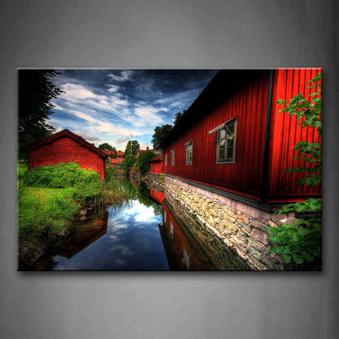 Houses In Bright Red Clear River Besides Them Wall Art Painting The Picture Print On Canvas City Pictures For Home Decor Decoration Gift 